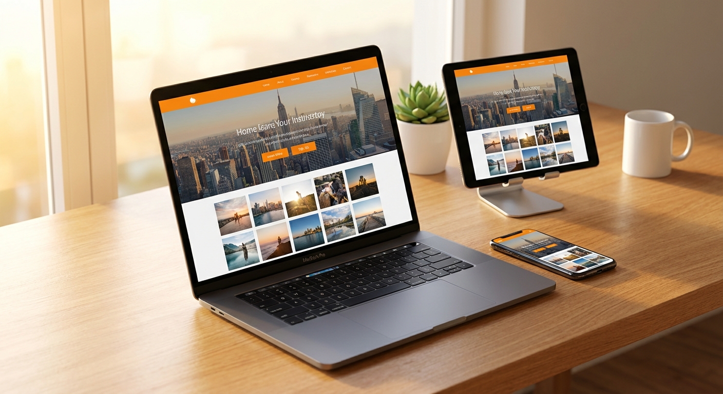 MacBook、iPad、iPhone 同時展示暖橘色調的現代網站