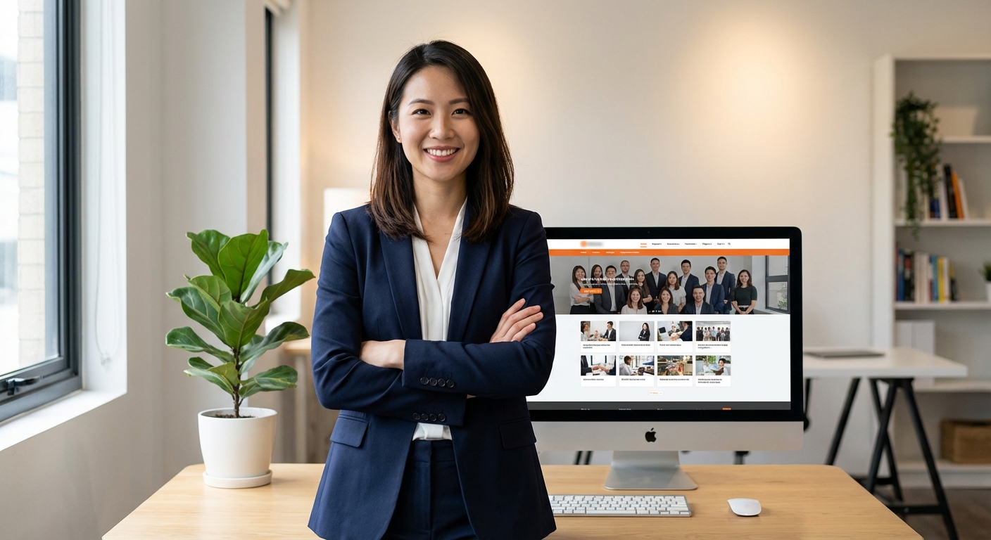 自信的創業者站在品牌網站旁，傳遞專業信任感