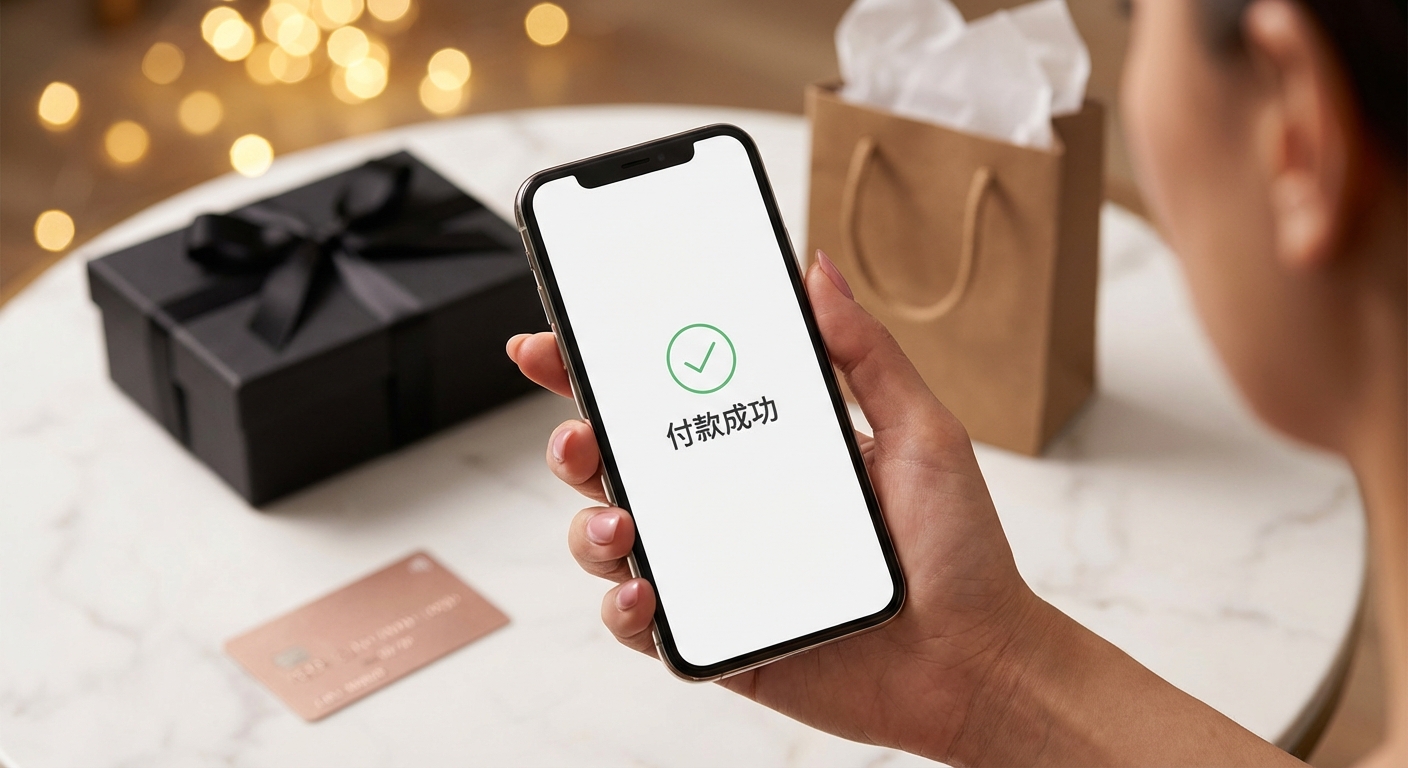 手機顯示付款成功畫面，搭配精美包裝商品