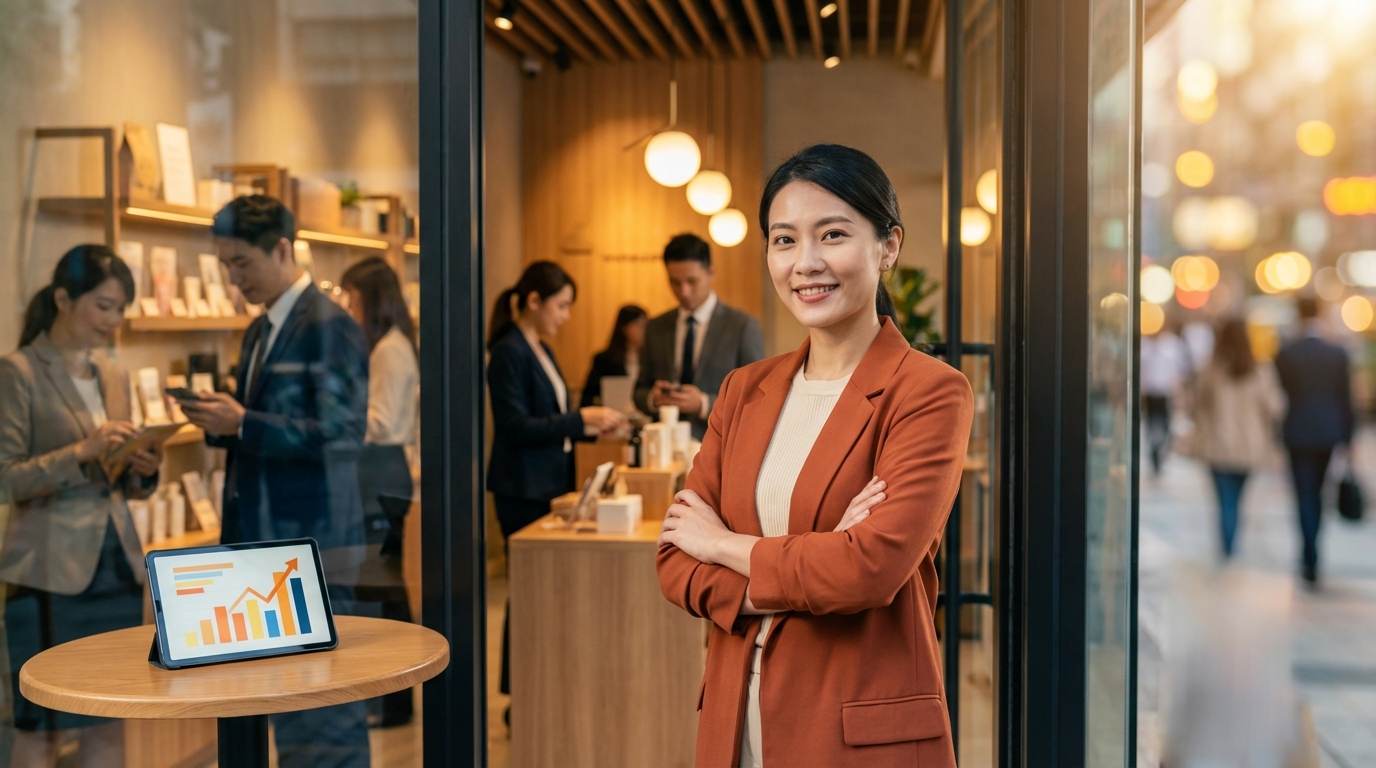 客人絡繹不絕的店面，平板顯示成長數據