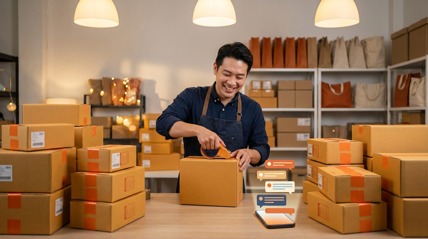 老闆開心打包出貨，桌上堆滿包裹